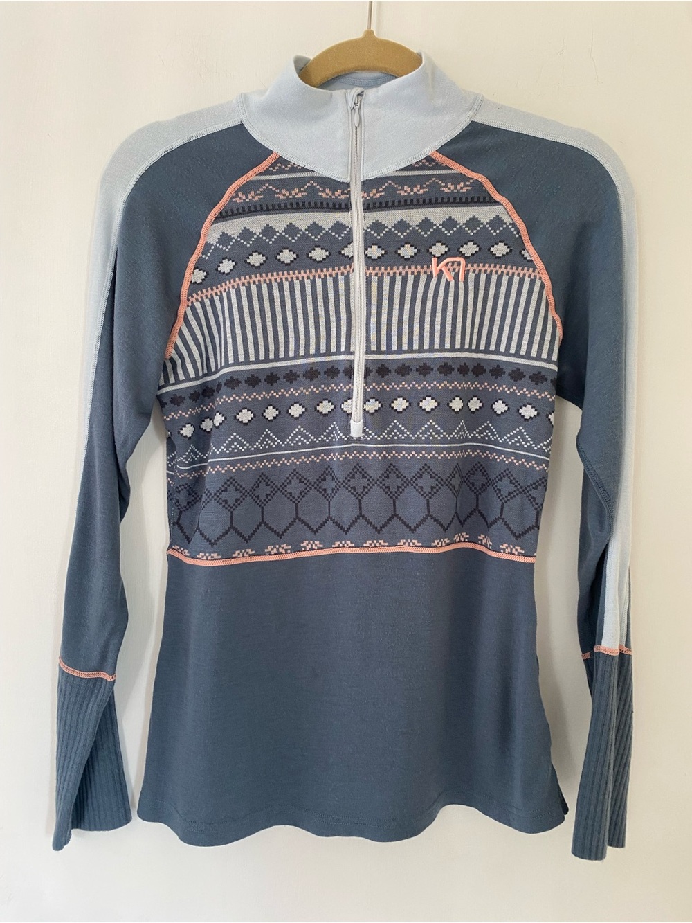 Kari Traa Fair Isle Half-Zip Pullover Base Layer Blue and Pink Wool Size Medium